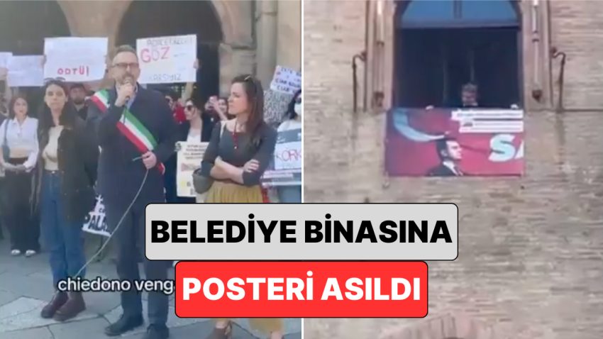 İtalya’da Ekrem İmamoğlu İçin Düzenlenen Protestolarda Bologna Belediye Binasına İmamoğlu’nun Posteri Asıldı